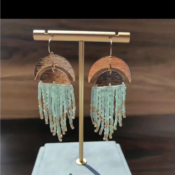 Jewelry - Beaded Tassel Light Blue Gold Tone Dangle Drop Earrings Boho Style